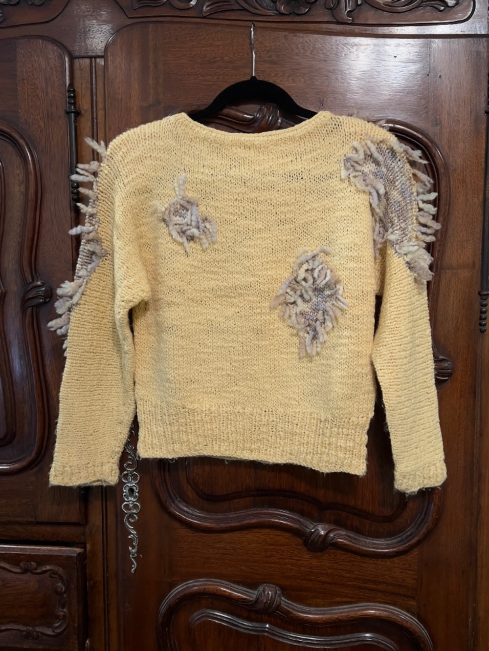 Hand Knit Light Yellow Wool Sweater with Geometrical Fringe Details Size S